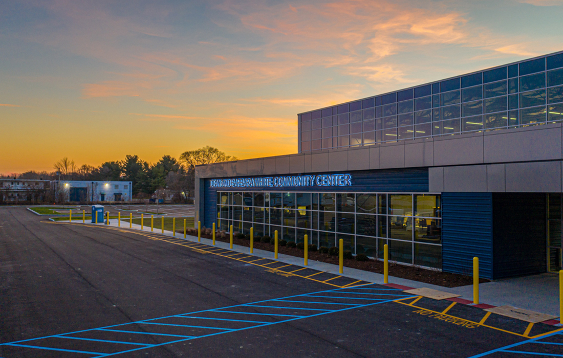 An evening sunset at the Dean and Barbara White Community Center