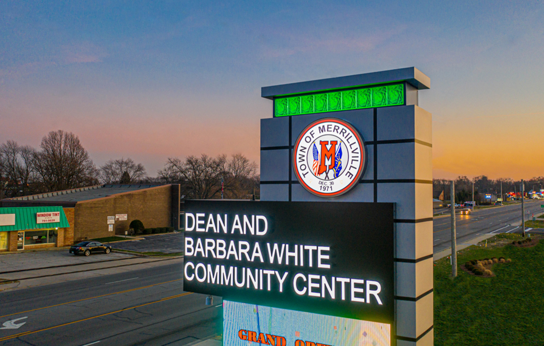 Signage welcoming visitors to the Dean and Barbara White Community Center